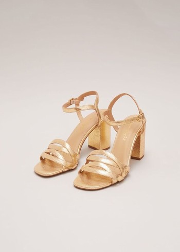 Phase Eight Gold Leather Crossover Block Heels Gold Canada | BJZIDA-934